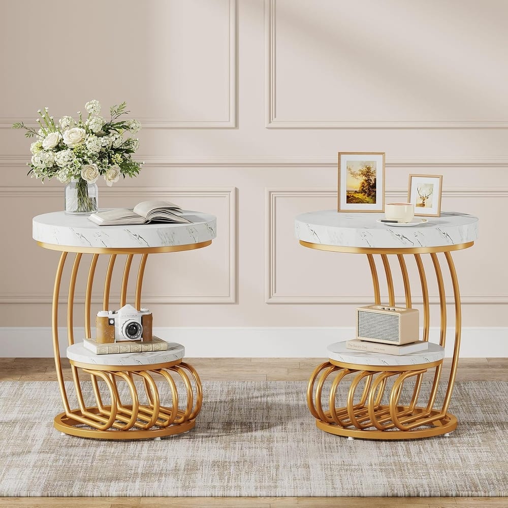 2 Tiers Round End Table with Shelf Storage, Arc-Shaped Side Sofa Table