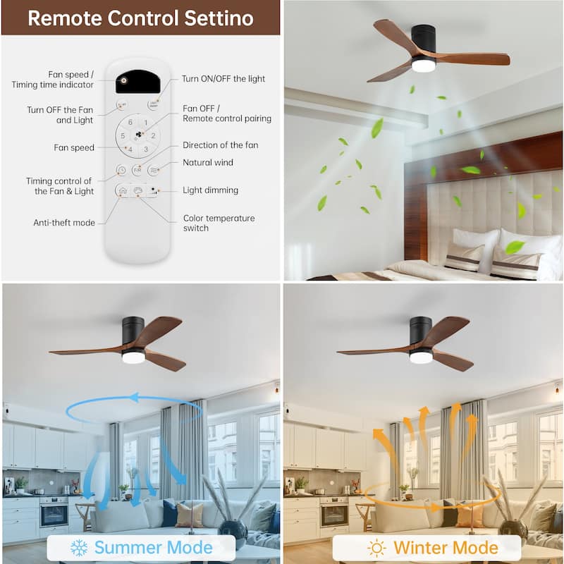 52 Inch Flush Mount Wood Blades White Ceiling Fan Reverse Airflow,6 Wind Speed,Remote Control