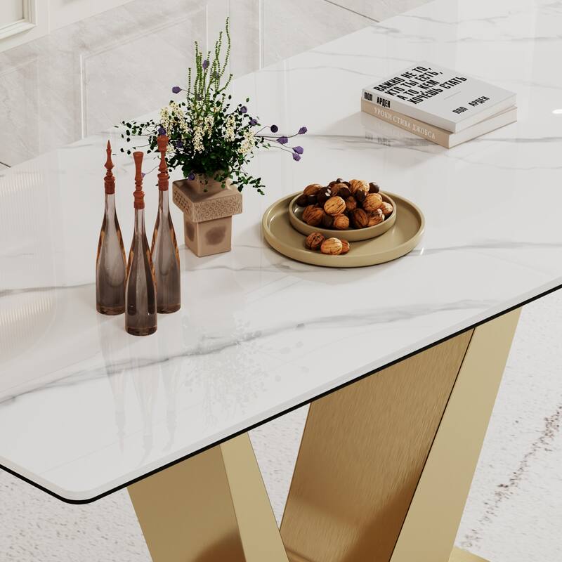 0.47" Thick Sintered Stone Composite Tempered Glass Top Dining Table with Stainless Steel Base