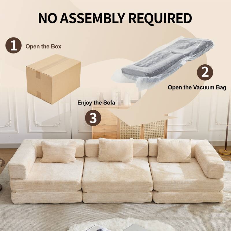 Chenille Fabric Compression Sofa, Boneless Modular Sectional Sofa, Convertible Floor Sofa Bed with Fixed-Shape Frame