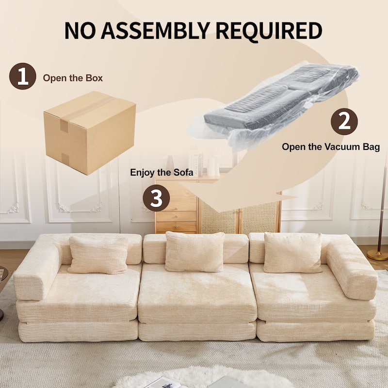 Free Combination Lazy Folding Sectional Sofa Chenille Modular Sleeper Sofa Bed Floor Standing Compression Mattress