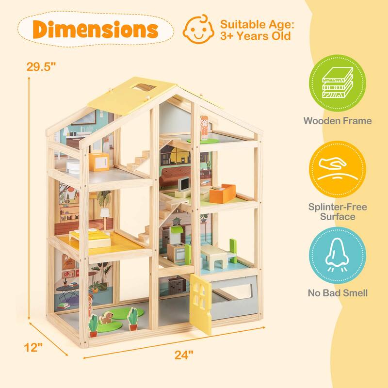 Costway Kids Wooden Dollhouse with 7 Rooms 18 Pcs Furniture - Natural - See Details