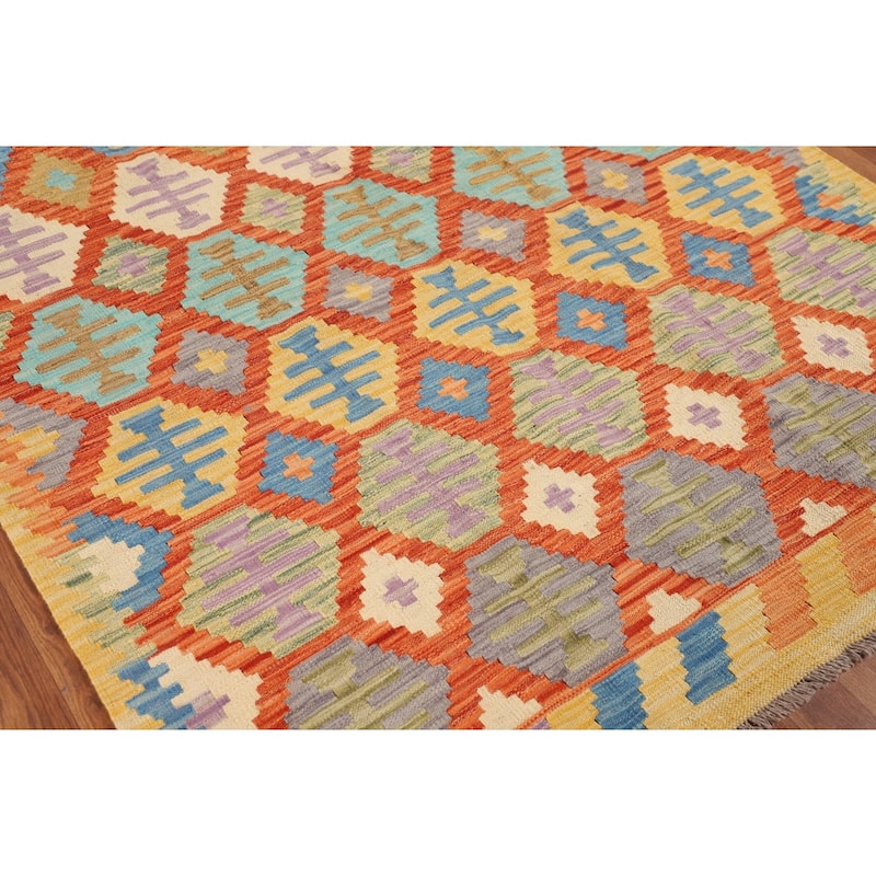Colorful Geometric Kilim Reversible Area Rug Hand-Woven Wool Carpet - 5'0"x 6'5"