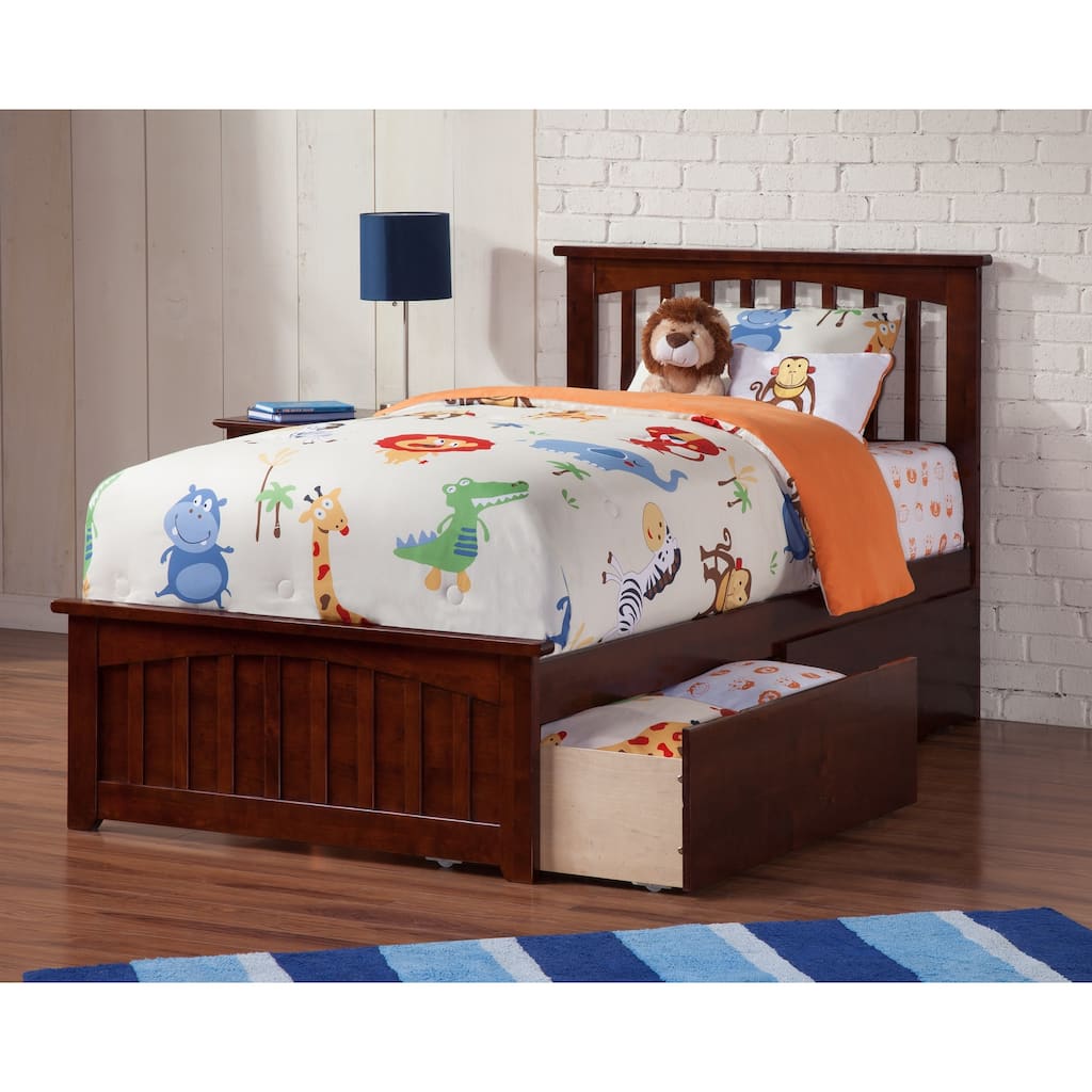 Mission Twin XL Platform Bed with Matching Footboard with 2 Drawers in Walnut