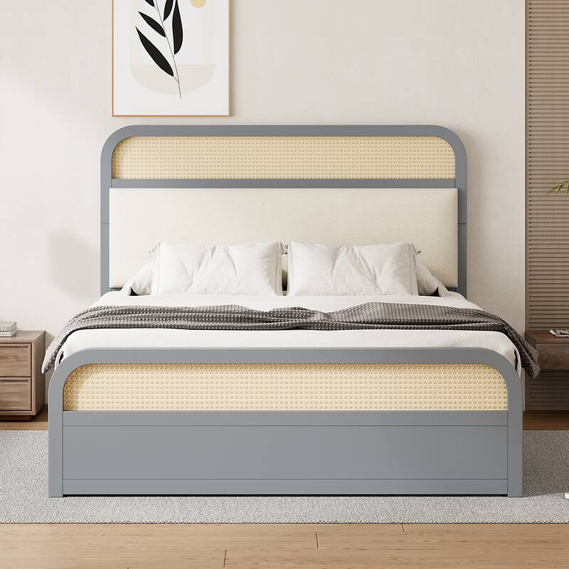Queen Wooden Platform Bed with Trundle, 2 Drawers, Padded Headboard & Rattan Details