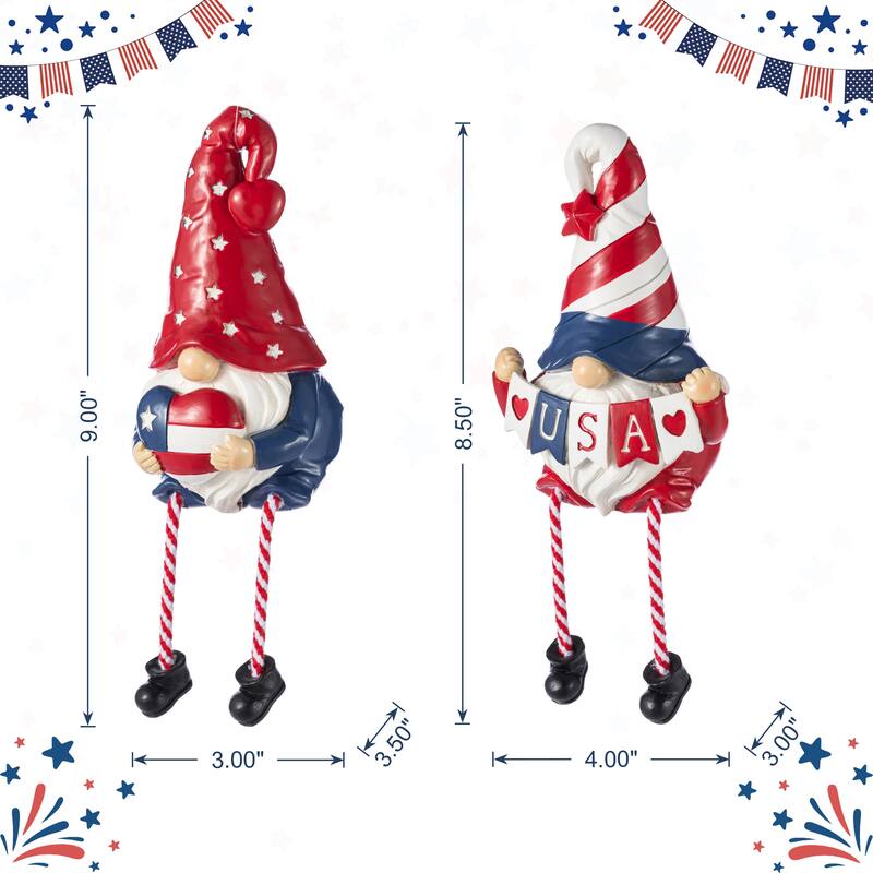 Glitzhome Set of 2 Patriotic/ Americana Polyresin Gnome with Dangling Legs Table Decor