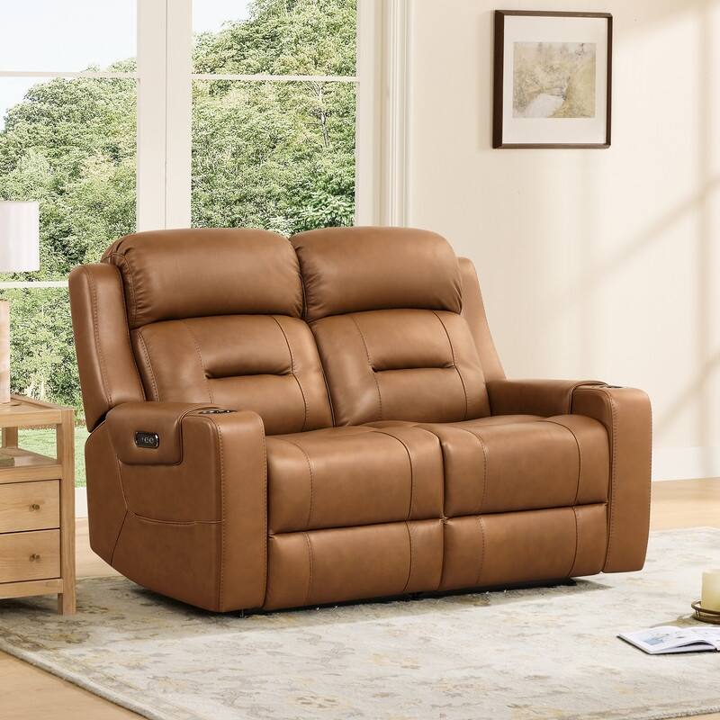 Spruce & Spring Genuine Leather Power Reclining Sofa with Wireless Charging