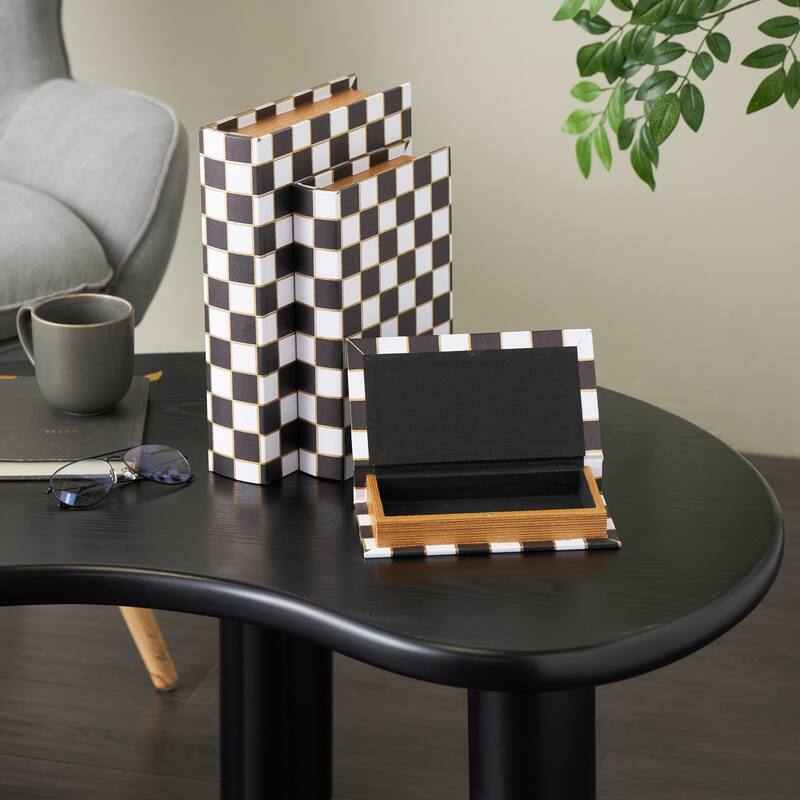 Faux Leather Checkered Faux Book Storage Box with White and Metallic Gold Accents - Set of 3 Black - Roche River Decor