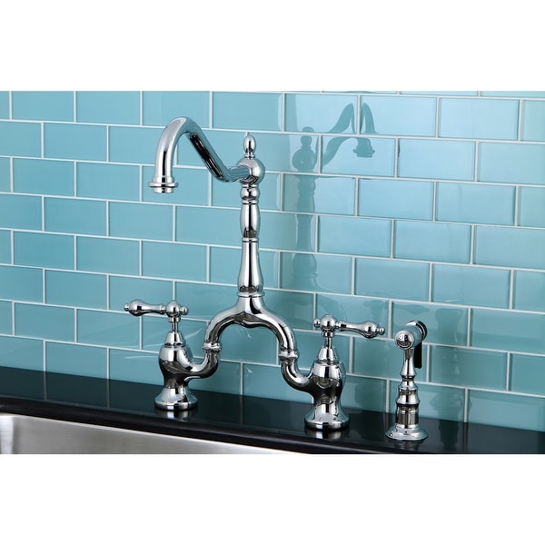 English Country Kitchen Bridge Faucet with Brass Sprayer. Opens flyout.
