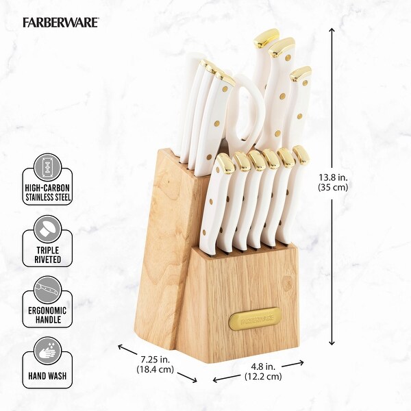 Farberware 15-Piece Triple Riveted Knife Block Set, White and Gold