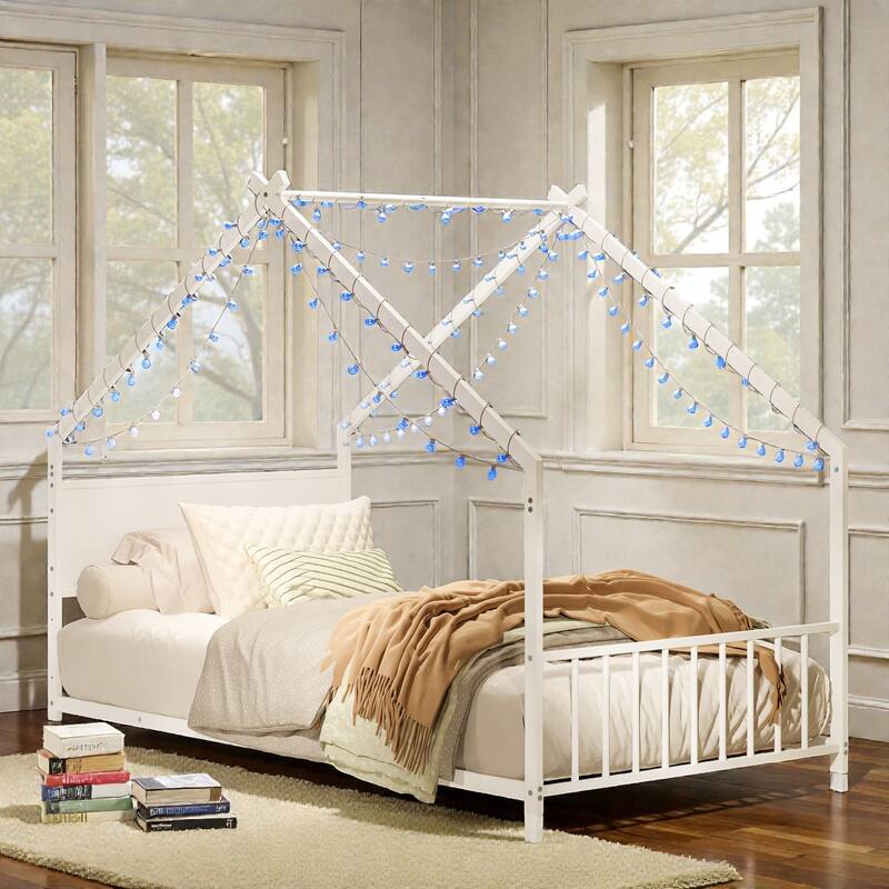 Twin Size Metal House Bed with Roof and LED Lights, Kids Bed Frame with Slats, No Box Spring Needed