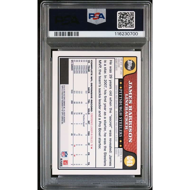 James Harrison 2008 Topps Signed Football Rookie Card #241 Auto Graded PSA 9 Cert # 116230700 - 8' x 11'