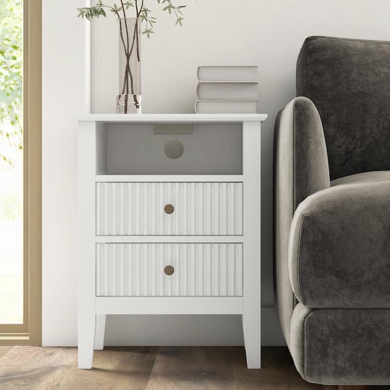 2 Drawers Nightstand with Charging Station - White