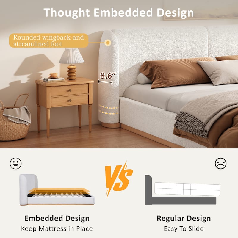 White Low Profile Platform Bed Ground Bed Boucle Frame with Upholstered Wingback Headboard