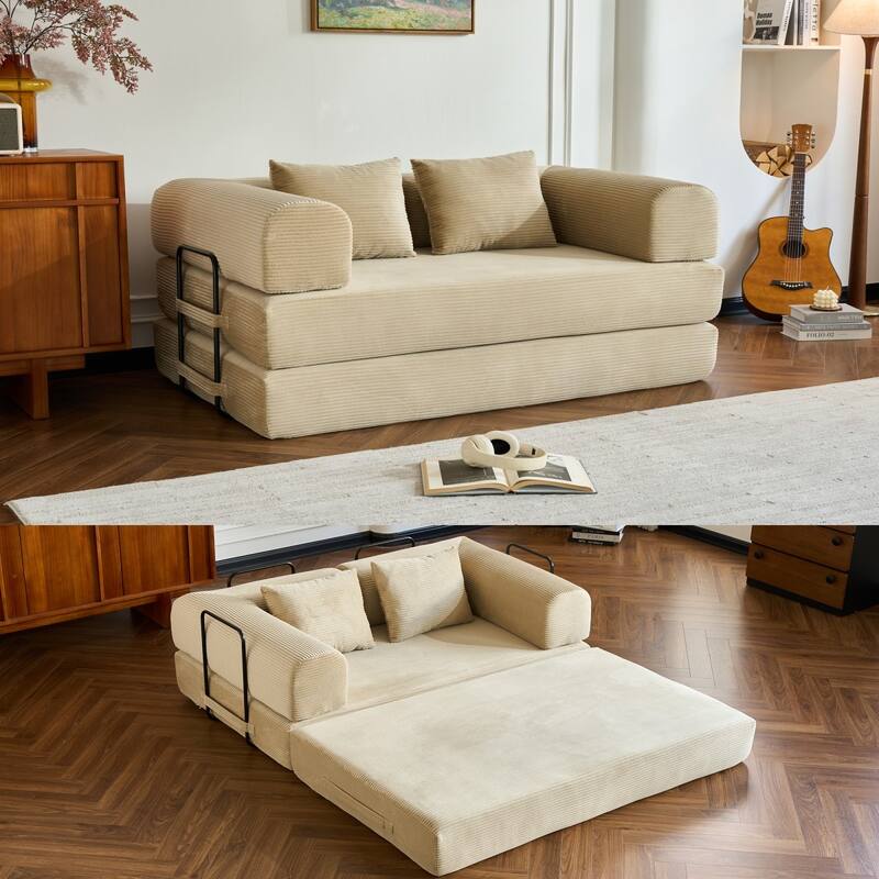 59.05'' Corduroy Convertible Sofa Bed with Cylindrical Pillow, Floor Sofa Lounge Couch