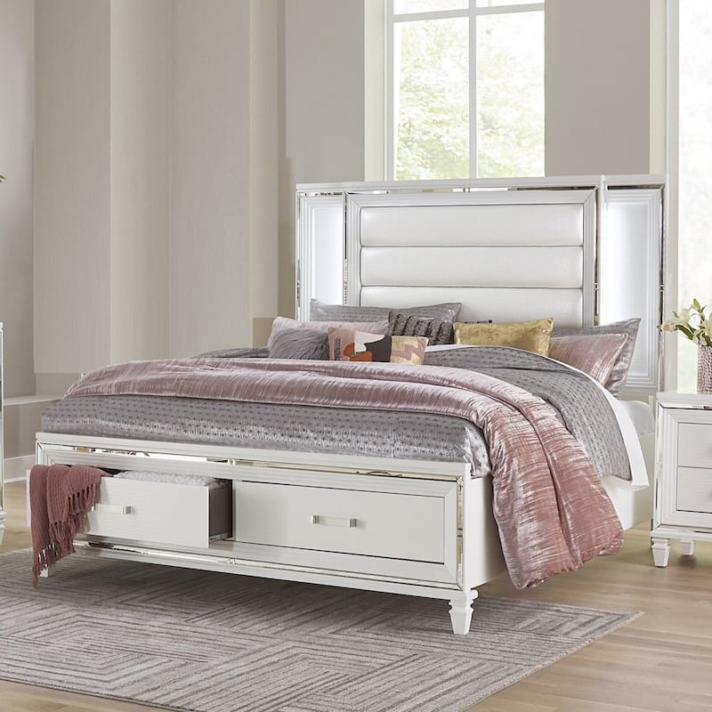 White Finish Platform Storage Bed 1pc Footboard Drawers