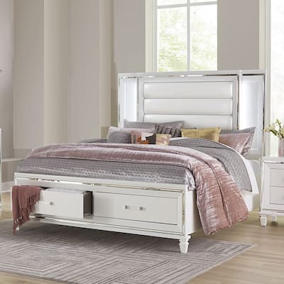 White Finish Platform Storage Bed 1pc Footboard Drawers
