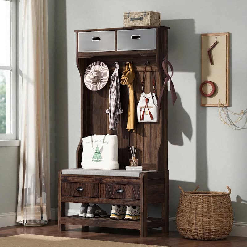 69'' H Hall Tree with 6 Hooks, Bench & Drawers, 3-in-1 Entryway Storage Organizer with Shoe Shelf for Hallway