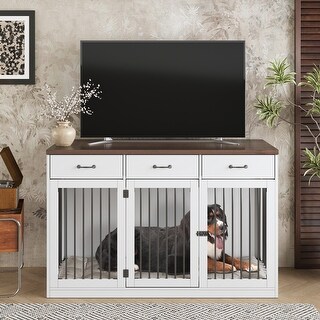 View of Modern Wooden Dog Crate Furniture, Pet Dog Cage with 3 Drawers - Bed ...
