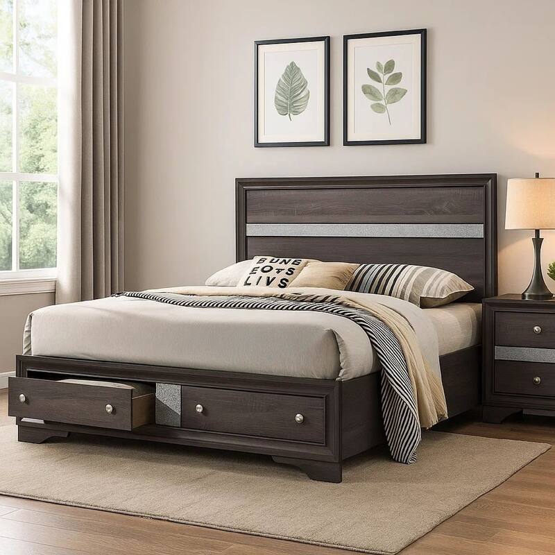 Panel Design Eastern King Bed with Silver Accents and Bracket Feet, Gray