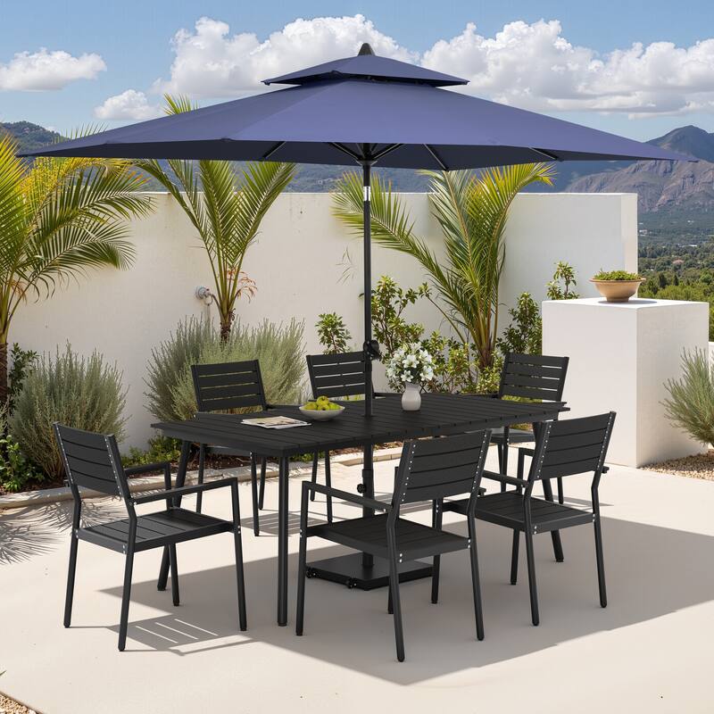 9PC Outdoor Patio Dining Set Aluminum Table with Stackable Armchairs w/ Premium Market Umbrella Sets - BlackTable&BlackChairs&NavyBlueUmbrella