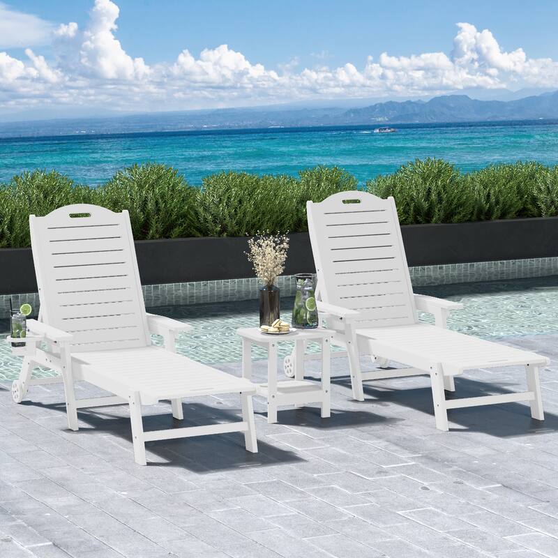 Brighton Outdoor 3-Piece Poly Reclining Chaise Set with Wheels & Cup Holder