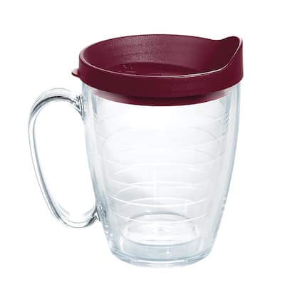 Tervis Clear & Colorful Lidded Made in USA Double Walled Insulated Travel Tumbler, Maroon Lid - 16oz Mug