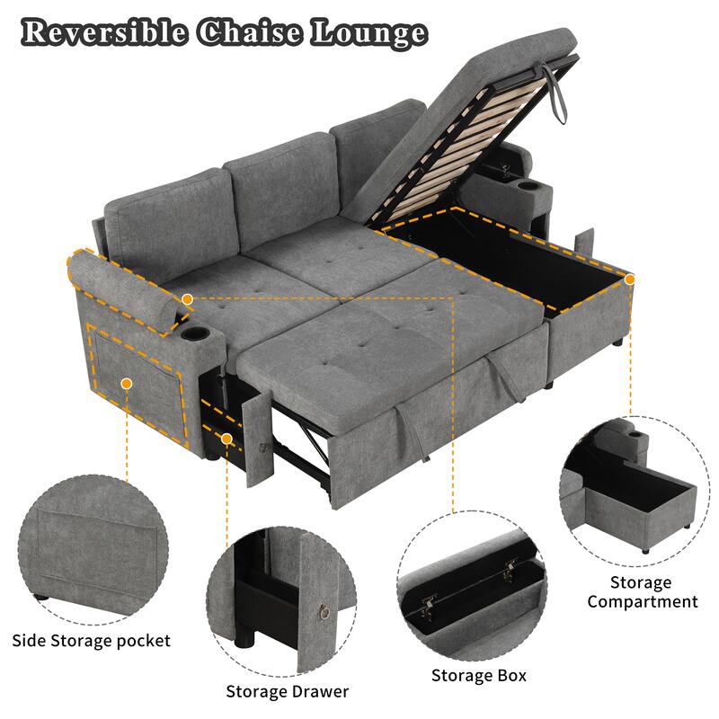 L-Shaped Convertible Sofa Bed with Reversible Chaise Lounge, Chenille Fabric Sectional Sofa with 2 Cup Holders & 2 USB Ports