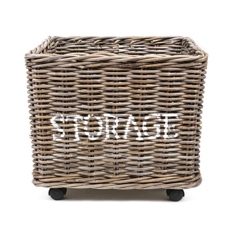 happimess Yael Coastal Hand-Woven "STORAGE" Rattan Basket with Wheels and Handles, Kubu Gray