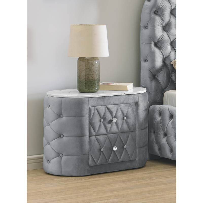 1pc Oval Faux Marble Top Nightstand 2- Drawers Storage Button Tufted Faux Crystal Tufted