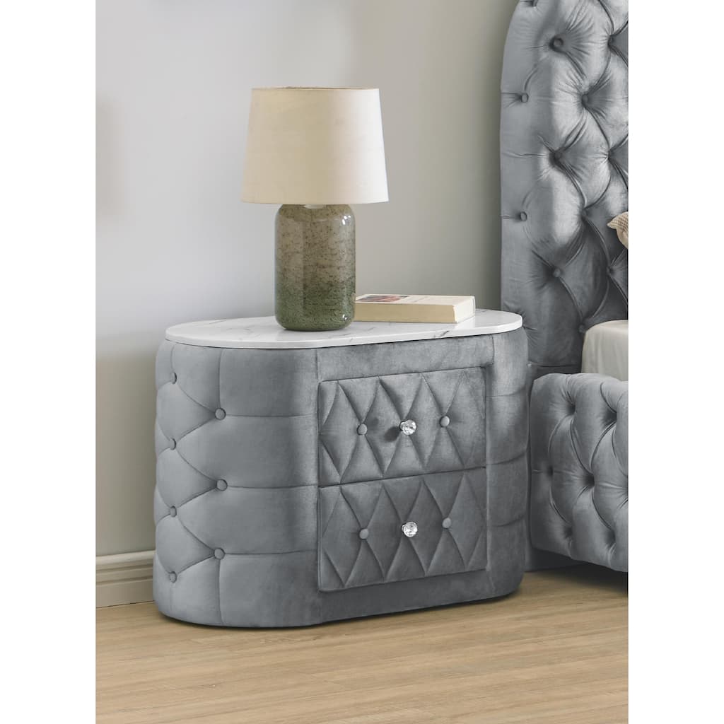 1pc Oval Faux Marble Top Nightstand 2- Drawers Storage Button Tufted Faux Crystal Tufted
