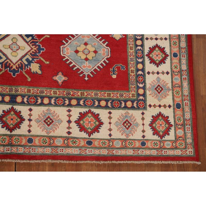 Red Geometric Kazak Living Room Area Rug Handmade Wool Carpet - 6'7" x 9'11"