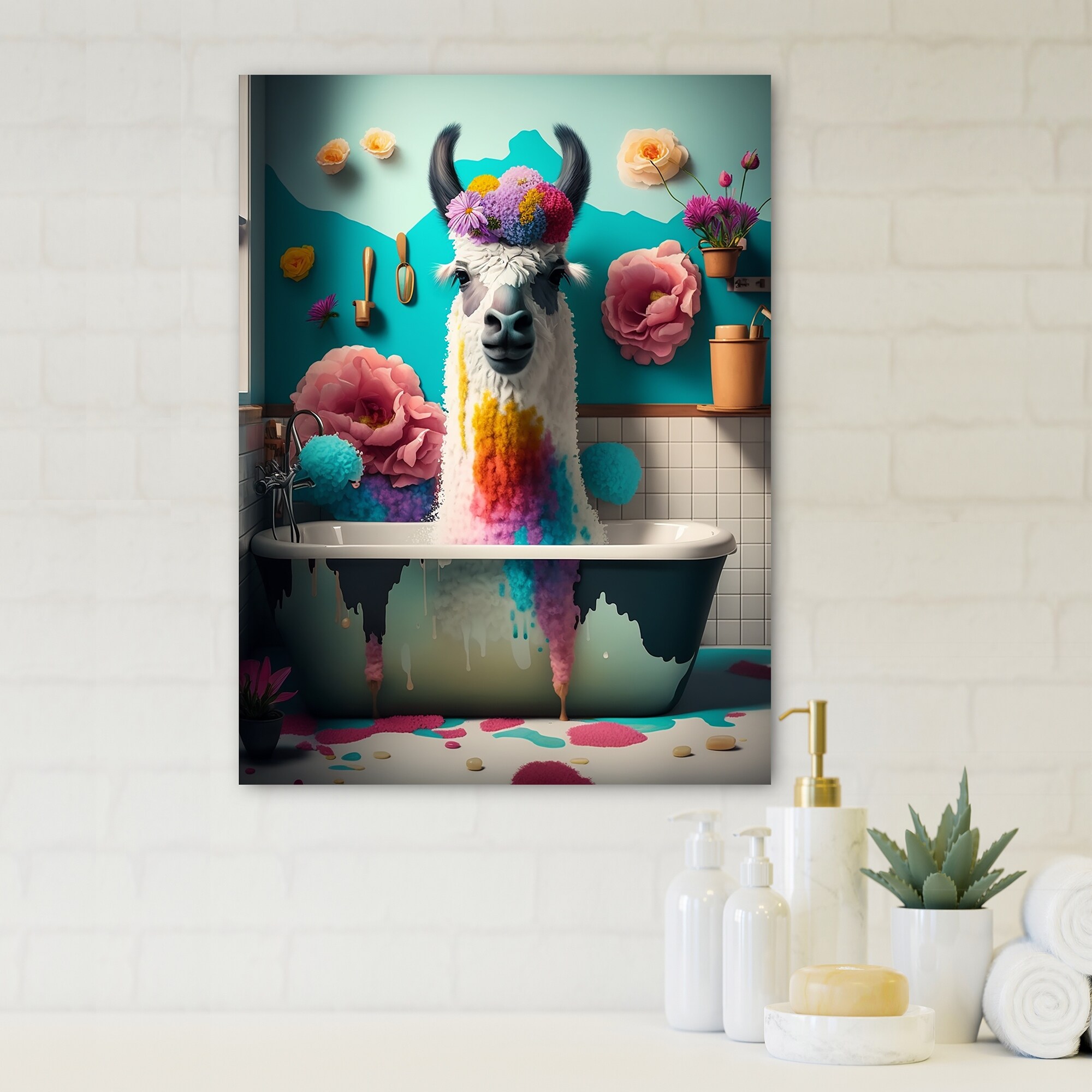 Designart Funny Llama In The Bath I Animals Canvas Wall Art