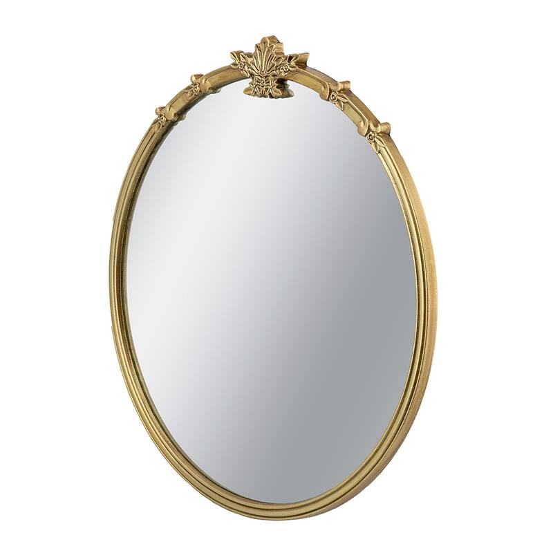 Round Gold Finish Wall Mirror - Decorative Leaf Crest