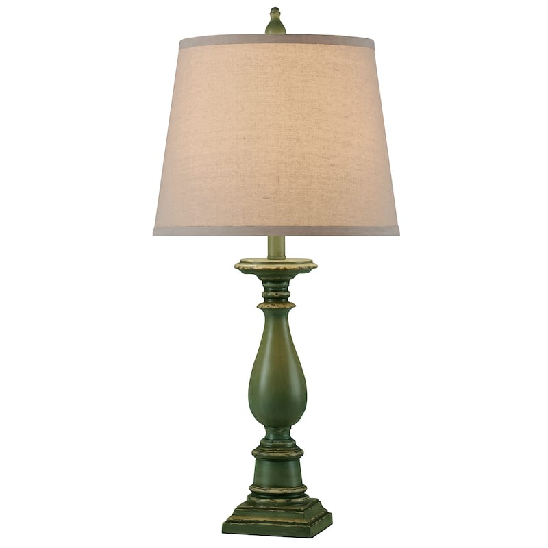 StyleCraft Mackinaw Distressed Green Table Lamp - Off-White Hardback Fabric Shade