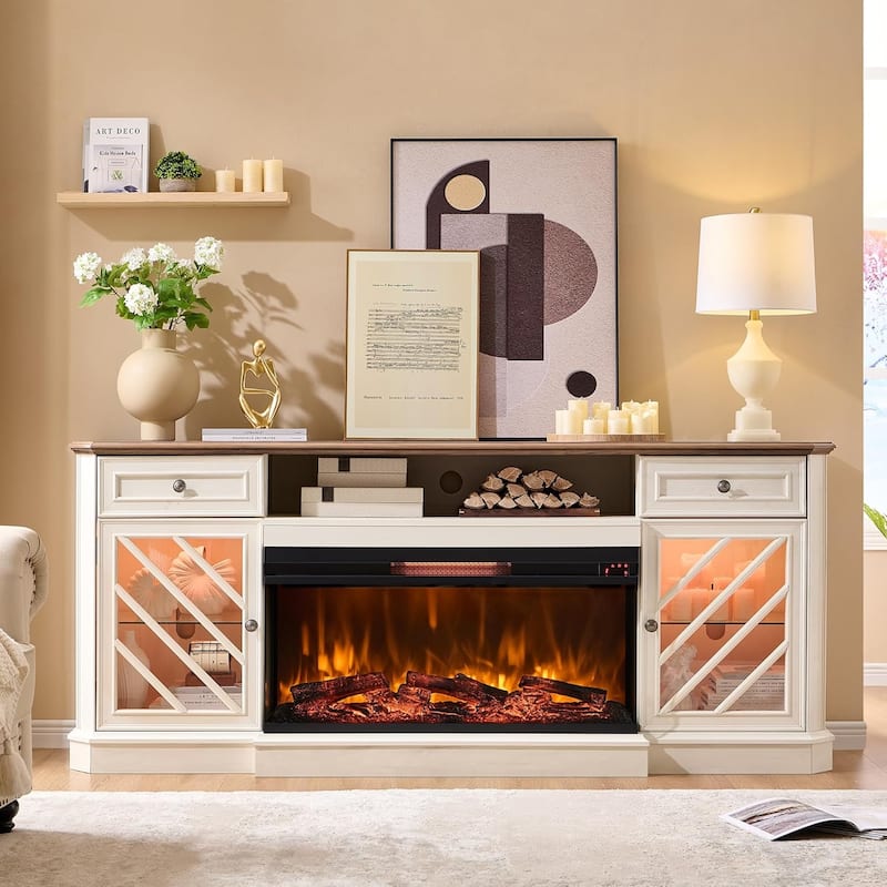 Farmhouse TV Stand with 3-Sided Fireplace, Entertainment Center