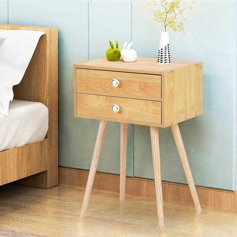 Costway Mid Century Modern 2 Drawers Nightstand In Natural Sofa Side