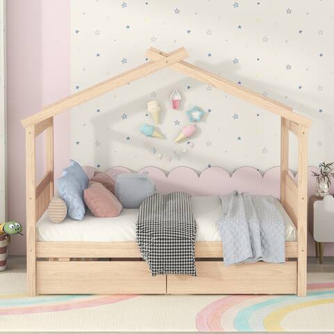 Full Size Wooden House Bed Daybed with 2 Drawers & Sky Roof, Natural