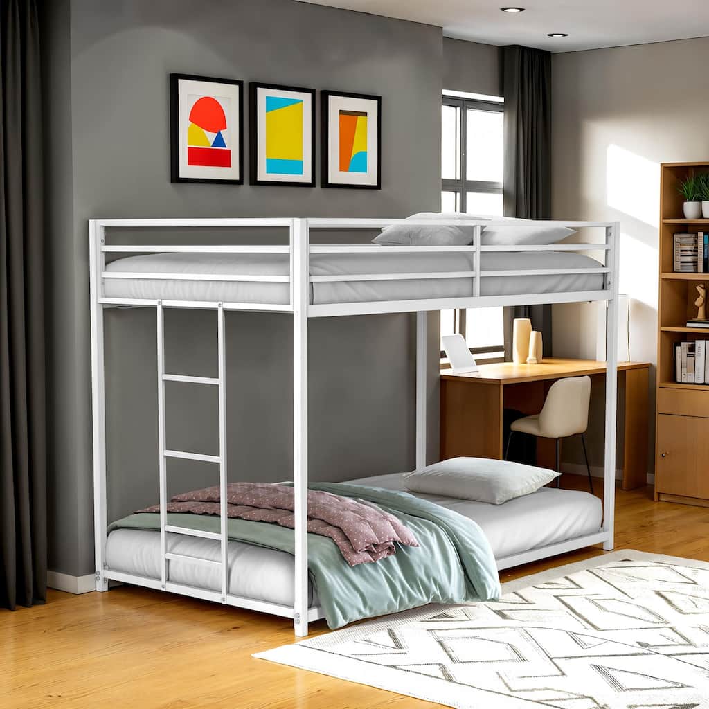 Twin Over Twin Metal Low Bunk Bed with Attached Ladder and Full Metal Construction