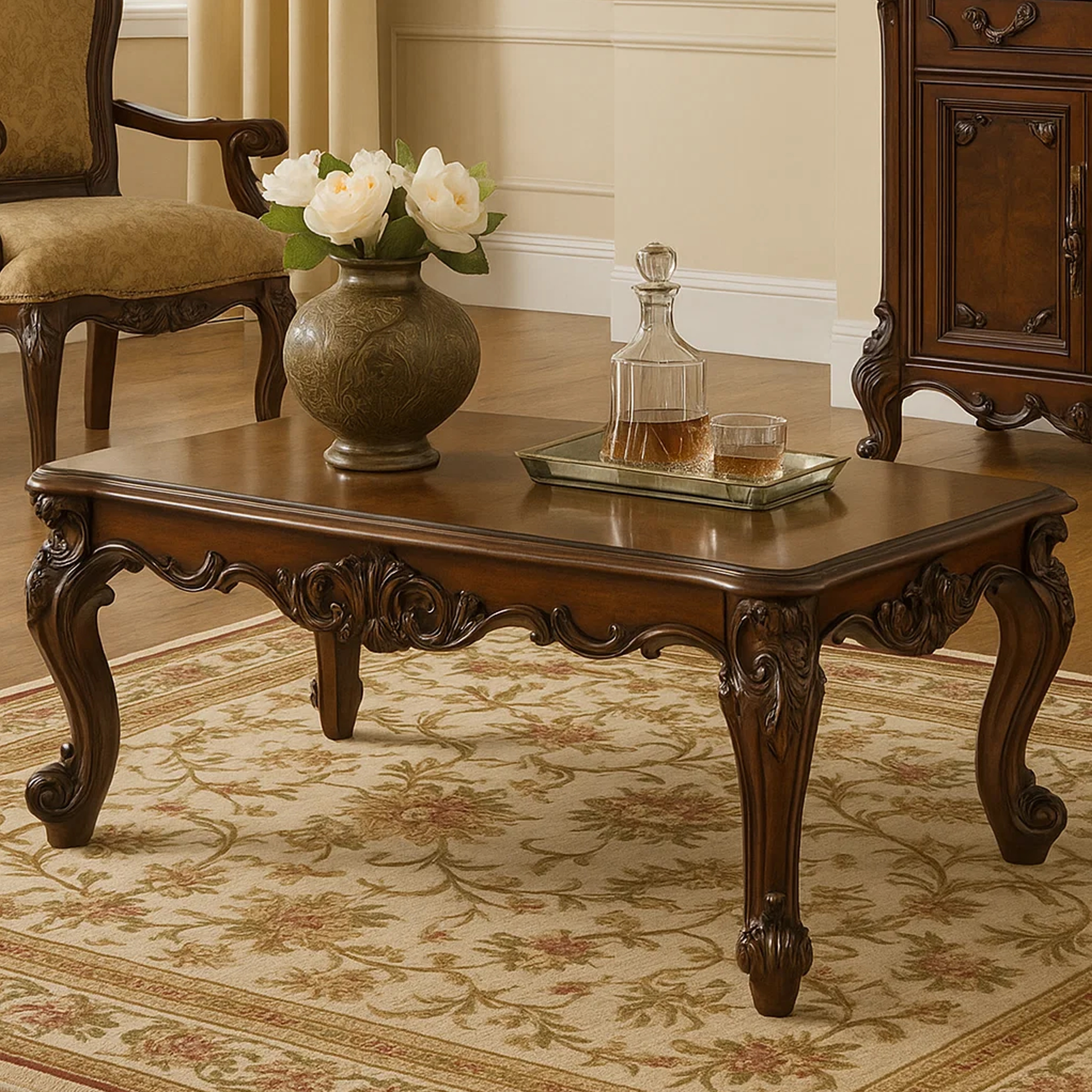 Coffee Table, 36 Inch Rectangular Top, Scrolled Legs, Brown - On 