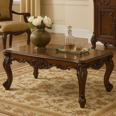 Coffee Table, 36 Inch Rectangular Top, Scrolled Legs, Brown