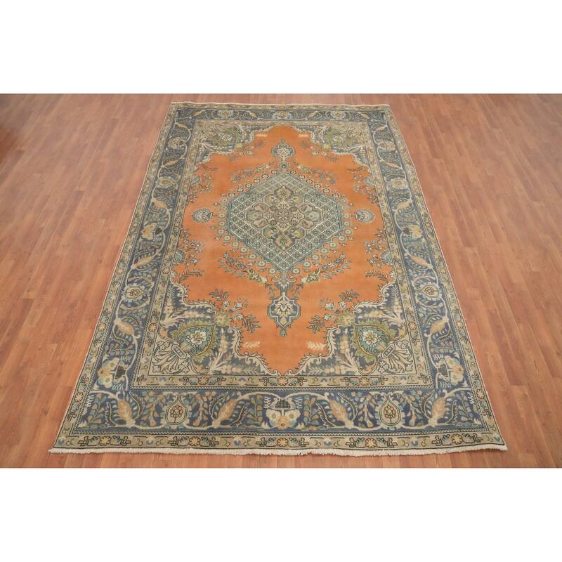 Hand Knotted Oriental 100% Wool Carpet Traditional Floral Oranges & Rust Tabriz Area Rug - 10' 3'' X 7' 0''