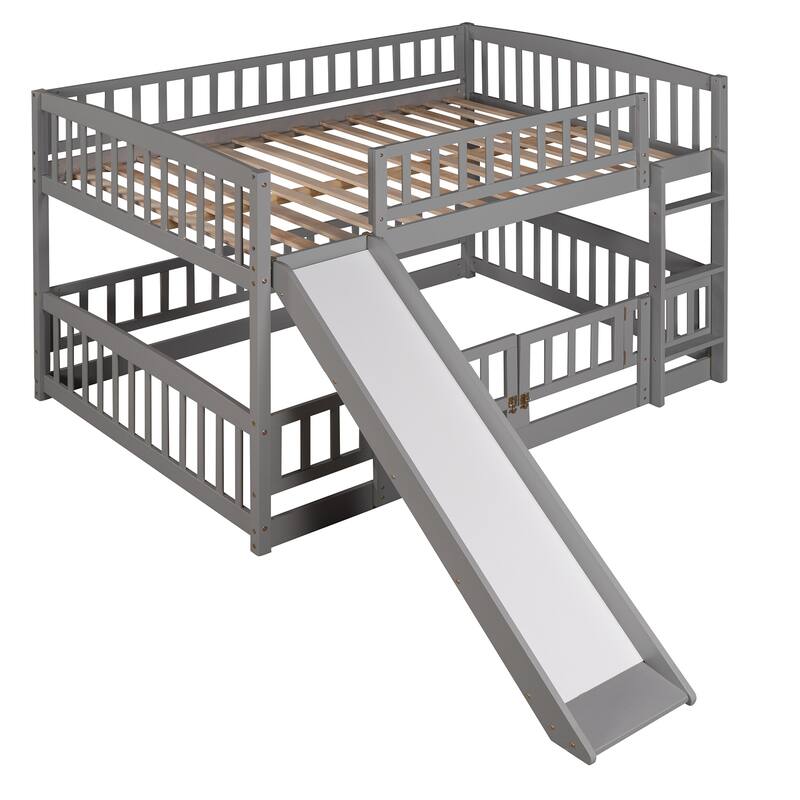 Full Over Full Low Bunk Bed with Slide, Fence, and Ladder for Kids and Teens