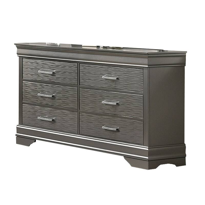 Jean Wide Dresser Chest, 6 Drawers, Chrome, Dark Gray Solid Wood