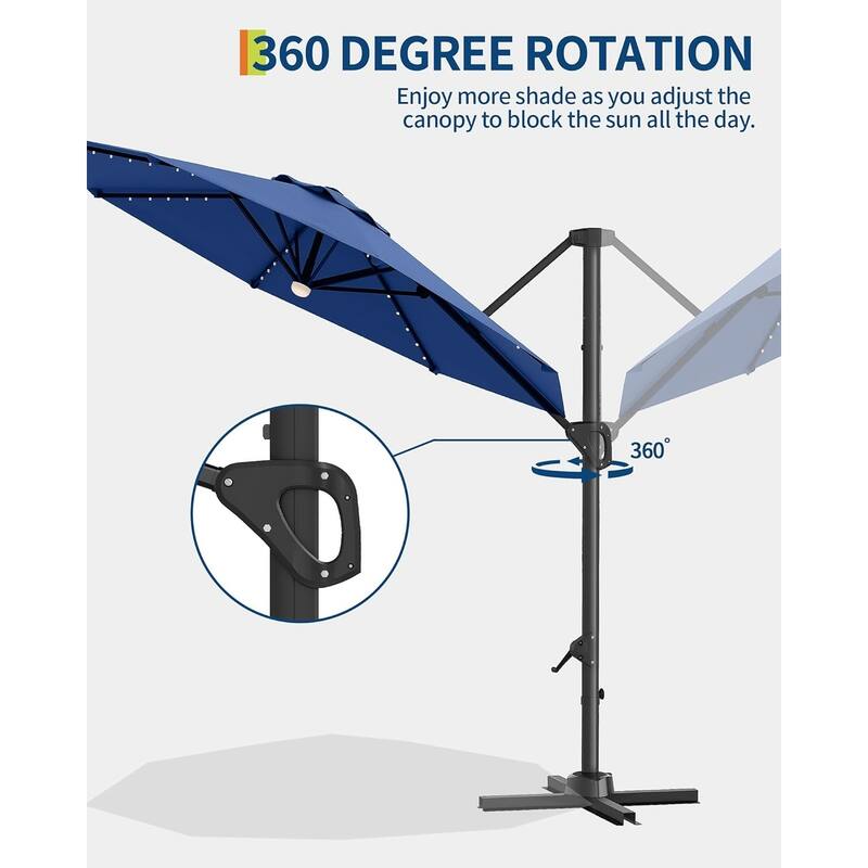 10FT Cantilever Patio Umbrella with Solar Lights, 360° Rotation Offset Umbrella