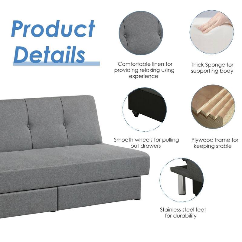 Convertible Futon Sofa Bed Adjustable Couch Sleeper with Two Drawers - 70'' x 38'' x 16'' (L x W x H)
