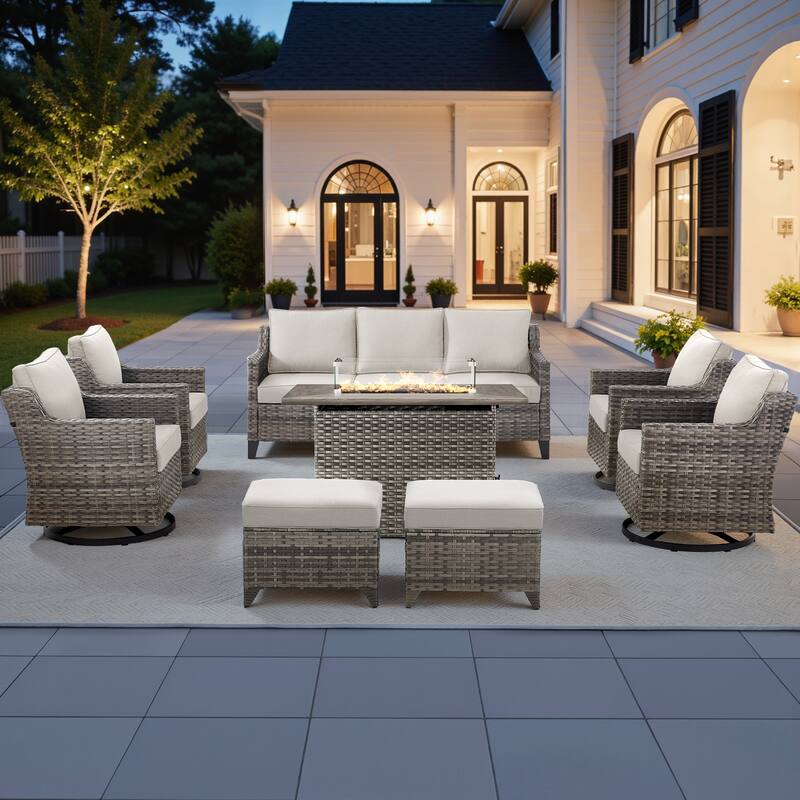 Pocassy Outdoor Swivel Chair with Sofa with Fire Pit Table - Beige Cushion Gray Wicker - 8-Piece Fire Table w/ Sofa Swivel Chair Ottoman