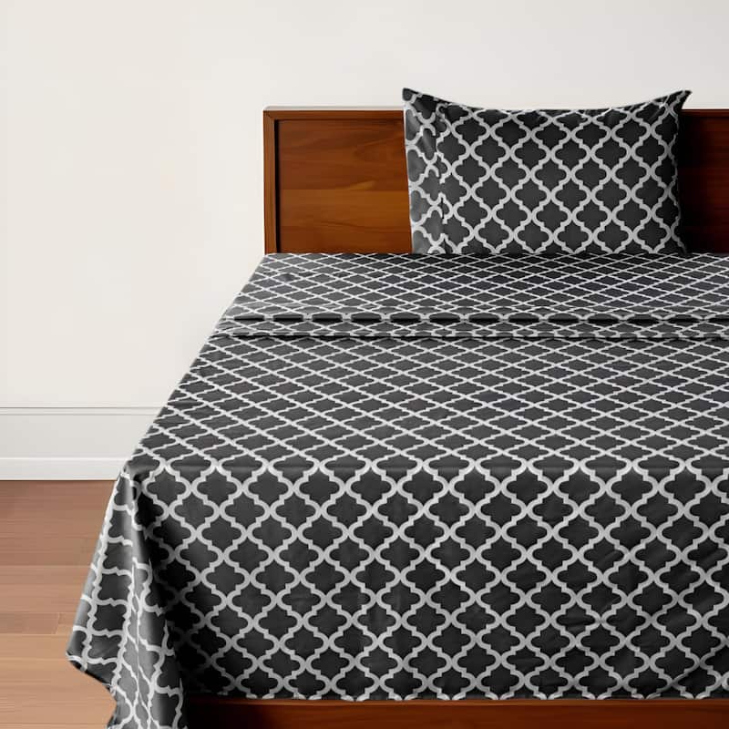 Three Piece Black and White Quatrefoil Microfiber Twin XL Sheet Set - Black and White - Twin Extra Long