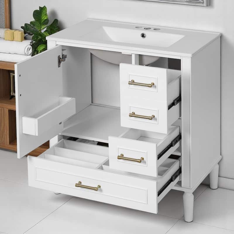 30" Bathroom Vanity with Sink, Freestanding Storage Cabinet with 3 Drawers, Soft-Close Door, Ceramic Basin,Bathroom Cabinet