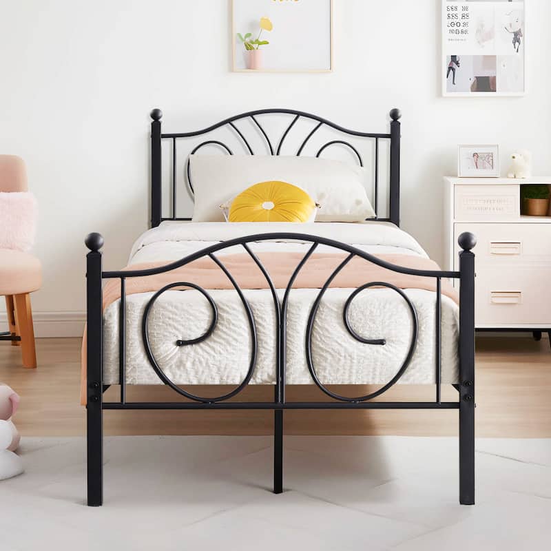 VECELO Platform Bed Frame with Scroll Headboard, Twin/Full/Queen Size Beds - Black - Twin